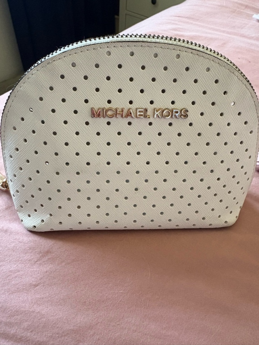 Michael Kors Ivory Perforated Dome Cosmetic Case with Gold Logo